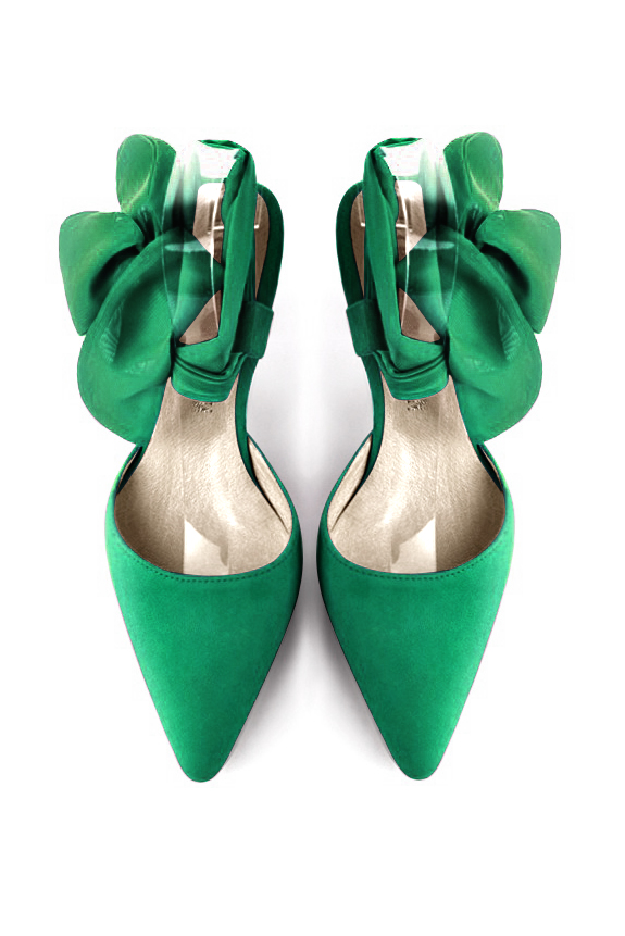 Emerald green women's open back shoes, with an ankle scarf. Tapered toe. Medium spool heels. Top view - Florence KOOIJMAN